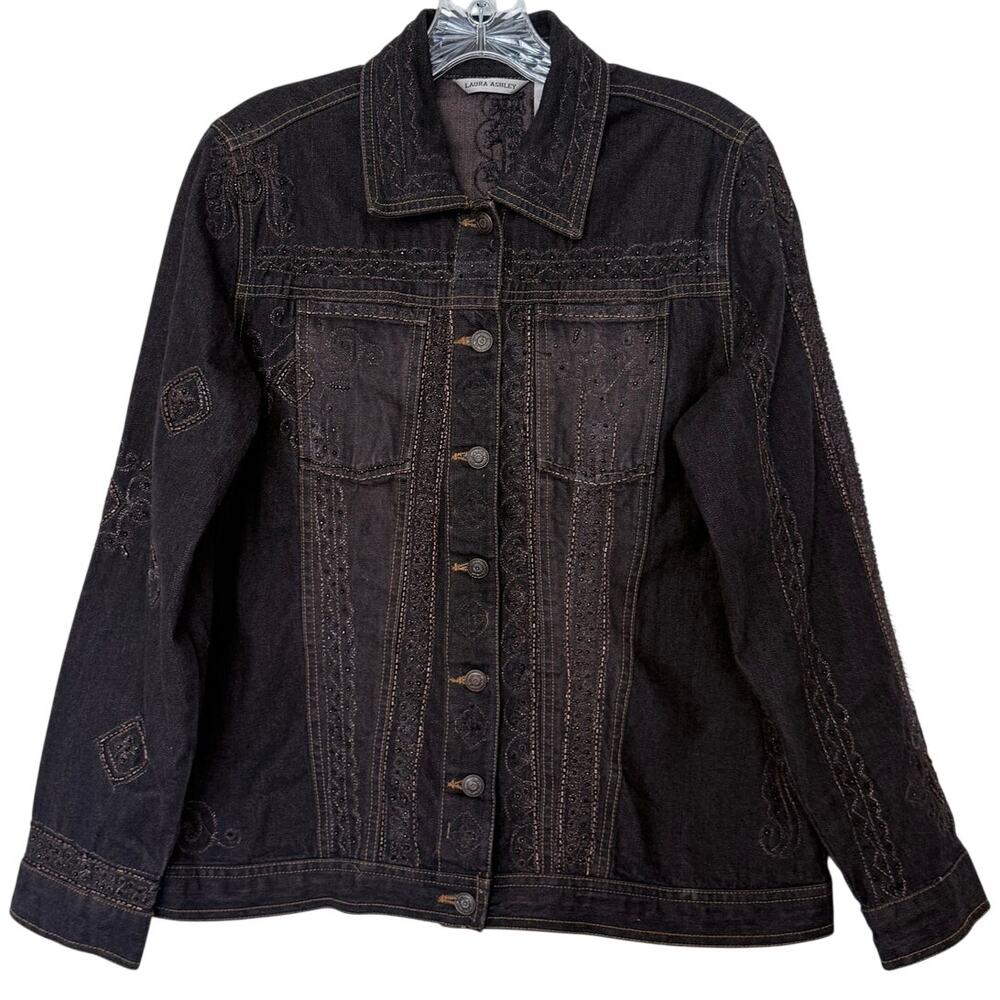 Laura Ashley Beaded Embroidered Jean Jacket Denim Tucker Jacket 100% Cotton